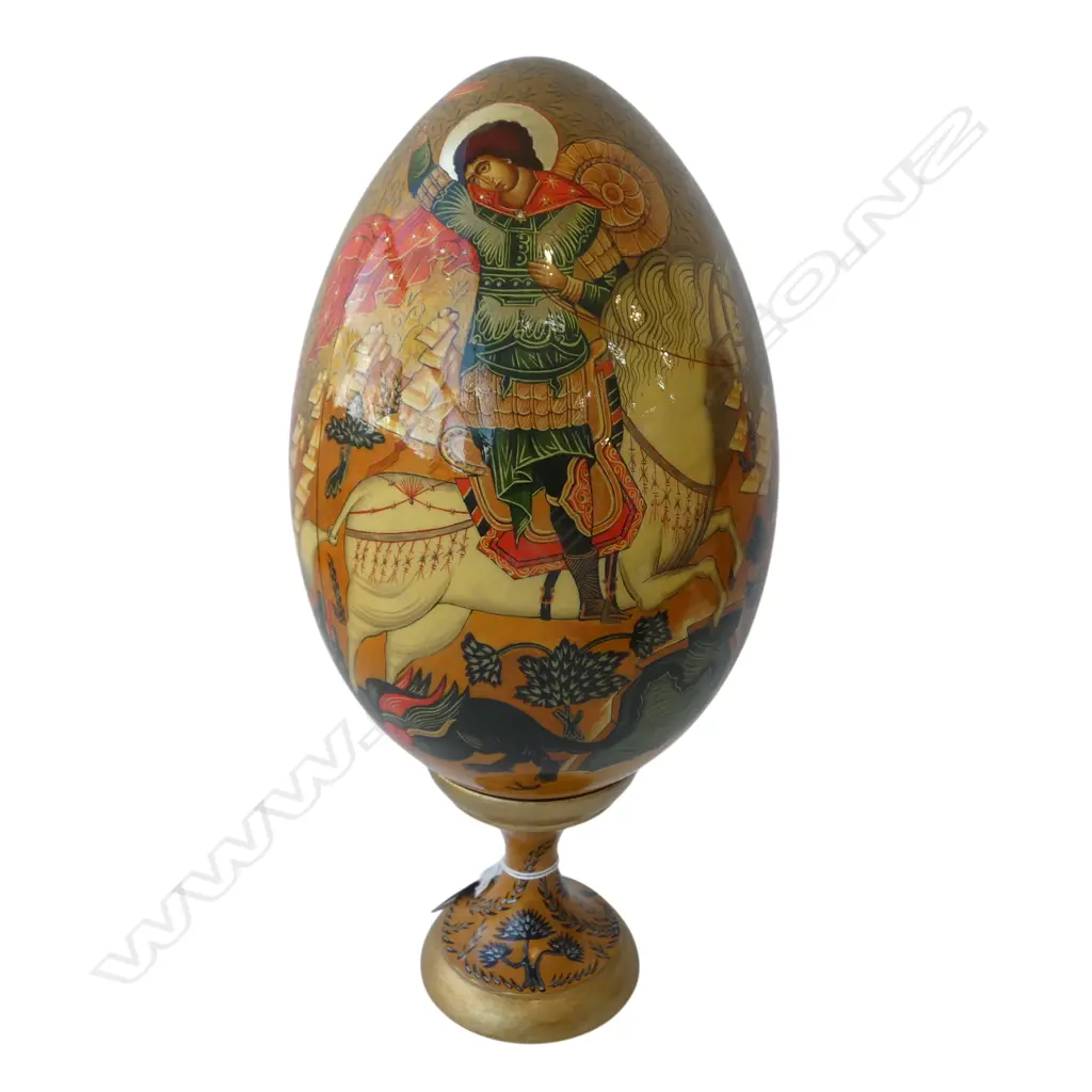 HAND PAINTED RUSSIAN ICON EGG ON STAND, SIGNED TO BASE KOLOMNA  A. M. 93 H.330mm CHRIST AND ST GEORGE Image 1++