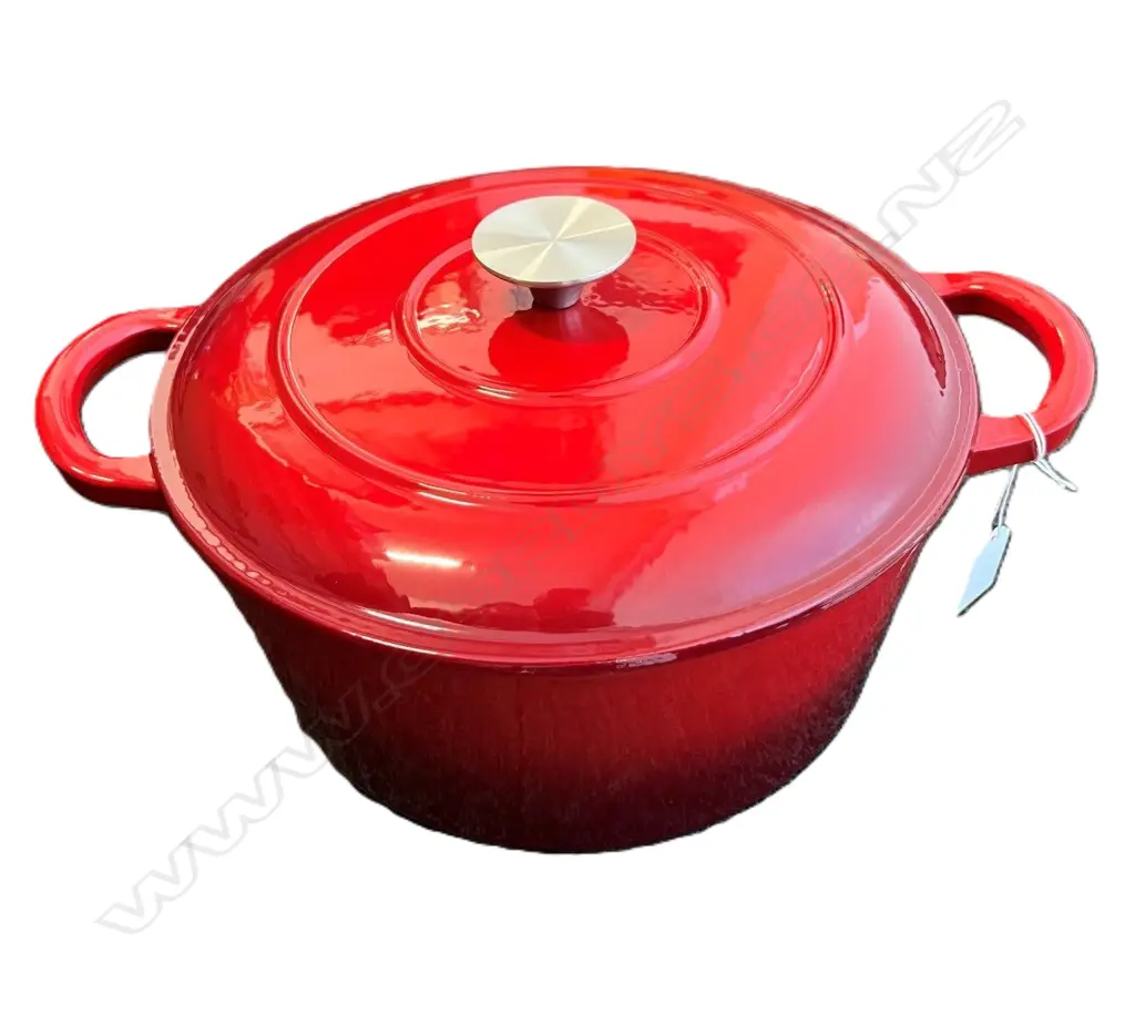 RED ENAMEL LARGE CAST IRON LIDDED COOKING POT Dia.270mm Image 1++