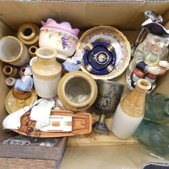 BOX C.1900 STONEWARE JARS & LIDS not all matching + ceramics + 2 Victorian framed tiles etc