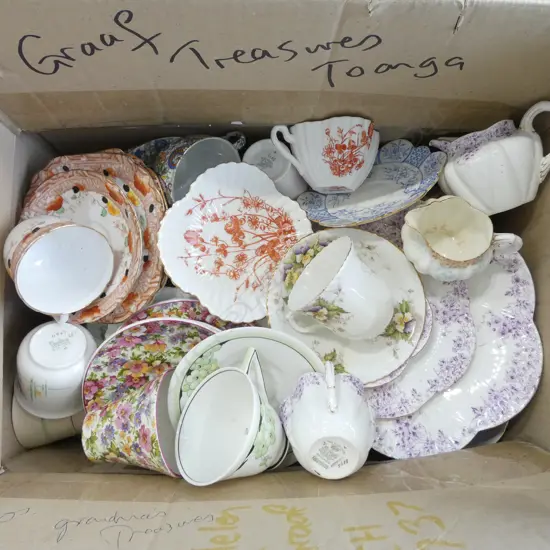 LARGE BOX MIXED CHINA CSPS TEASETS ETC