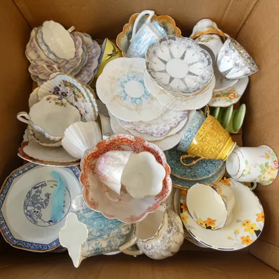 LARGE BOX OF PART CHINA TEASETS PLATES ETC