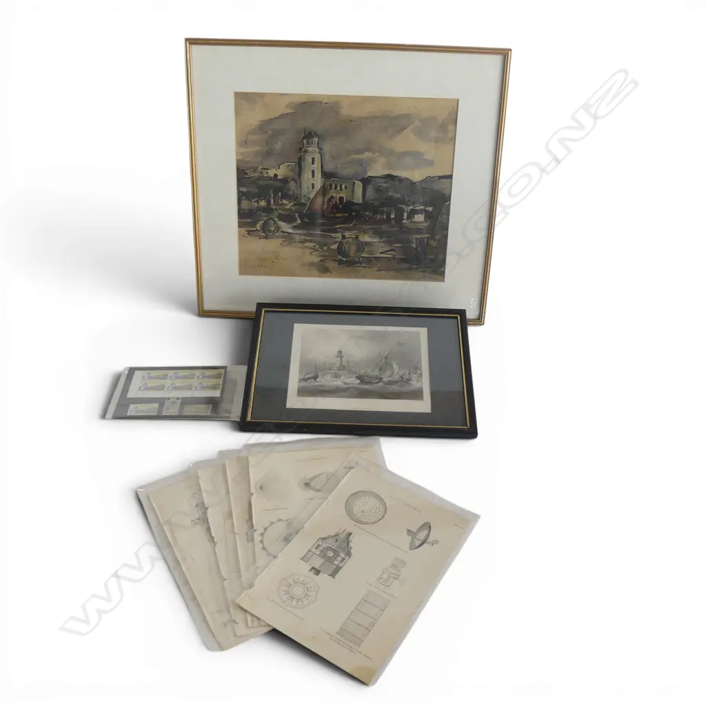 LIGHTHOUSE THEMED ARTWORK; W/C SCARBOROUGH LIGHTHOUSE c 1920s, BOOKPLATE ENGRAVINGS & STAMPS Image 1++