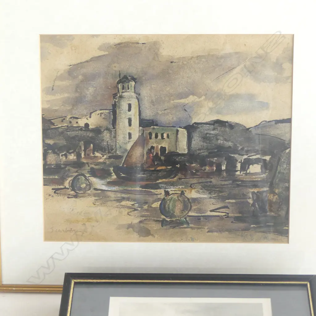 LIGHTHOUSE THEMED ARTWORK; W/C SCARBOROUGH LIGHTHOUSE c 1920s, BOOKPLATE ENGRAVINGS & STAMPS Image 1++