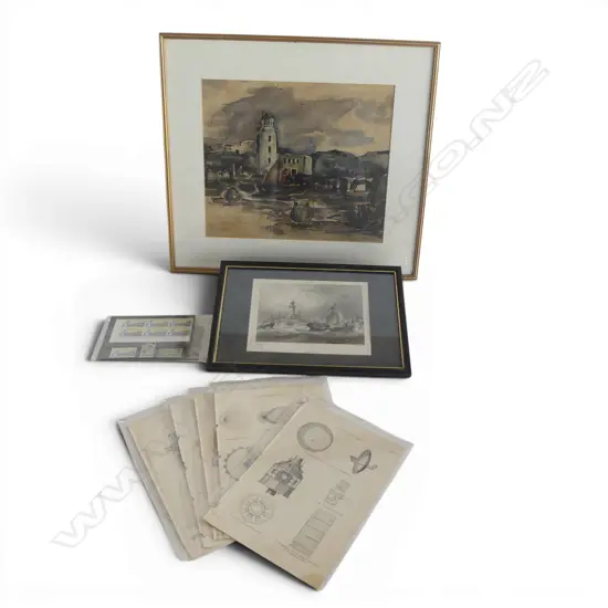 LIGHTHOUSE THEMED ARTWORK; W/C SCARBOROUGH LIGHTHOUSE c 1920s, BOOKPLATE ENGRAVINGS & STAMPS