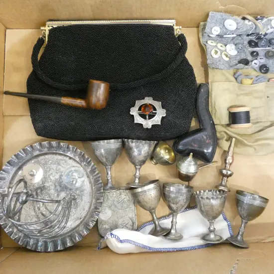 ASST. SILVER PLATE, PIPES, SEWING, etc