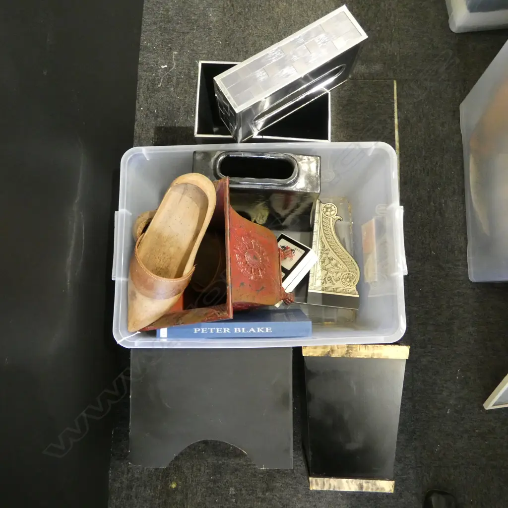 ASST. CONTAINERS, PR WOODEN CLOGS, SLAB VASE, PETER BLAKE BOOK Image 1++