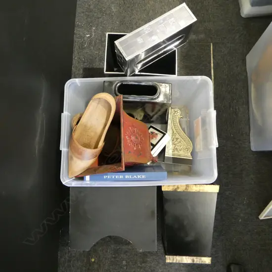 ASST. CONTAINERS, PR WOODEN CLOGS, SLAB VASE, PETER BLAKE BOOK