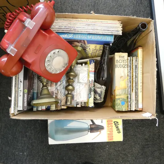 ASST. BOOKS, RED DIAL PHONE, BOTTLES ETC