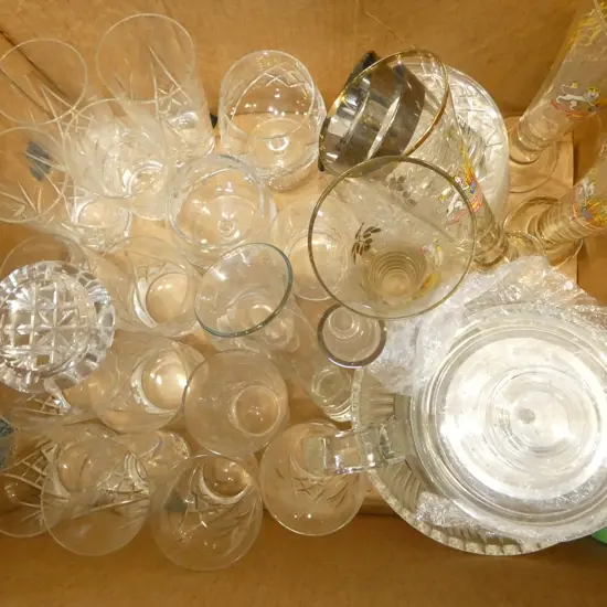 BOX OF ASST. GLASSWARE & CRYSTAL Incl. ERII