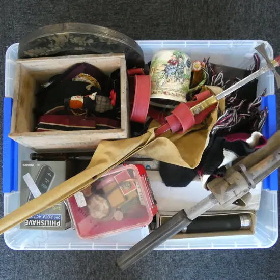 ASST. ITEMS; KNIVES, CAMERA, MIRROR, KNIVES, SWORD ETC