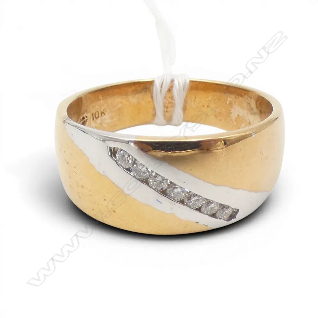 10ct GOLD WIDE TAPERED BAND RING w 7 CHANNEL SET modern brilliant cut DIAMONDS 7.9gms SIZE U Image 1++