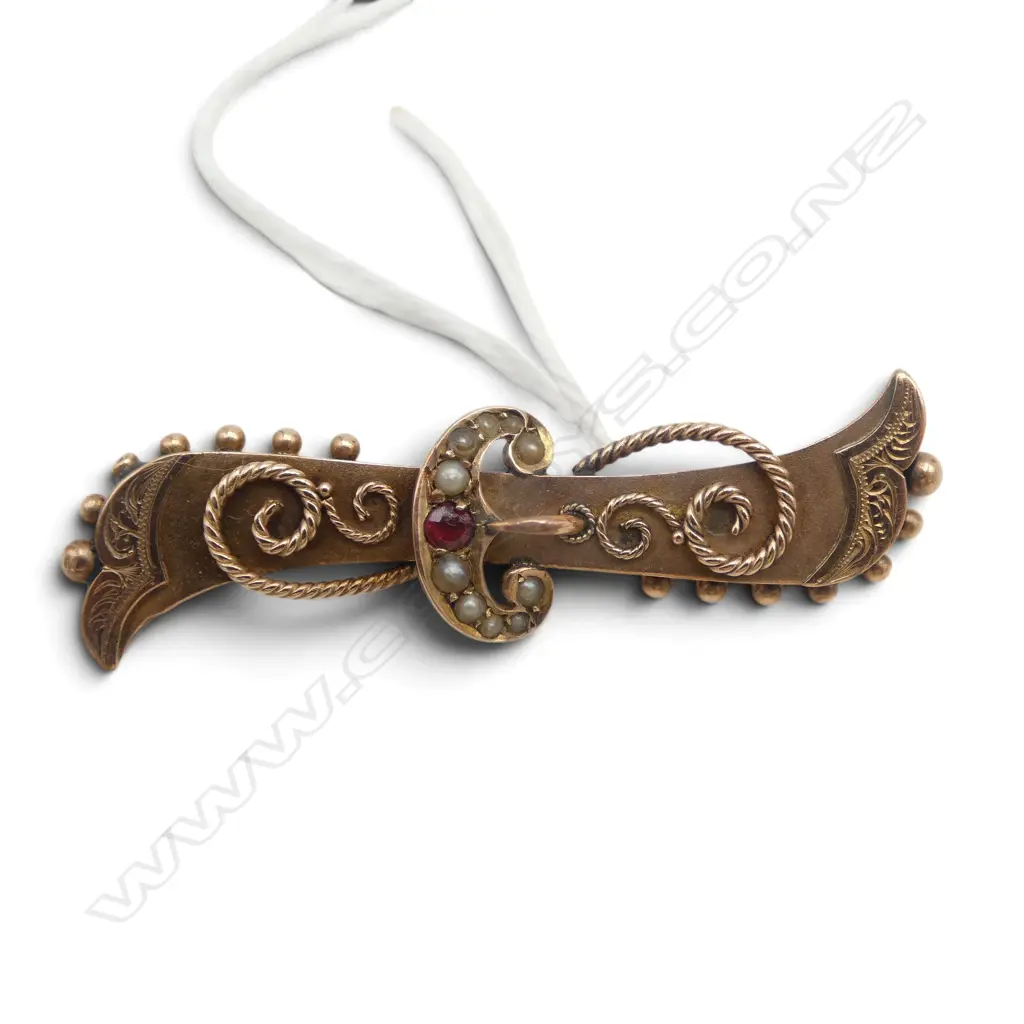 Chester 1900 9ct GOLD RUBY? & SEED PEARL BAR BROOCH. Wire scrolls & beads.  2.75gms Image 1++