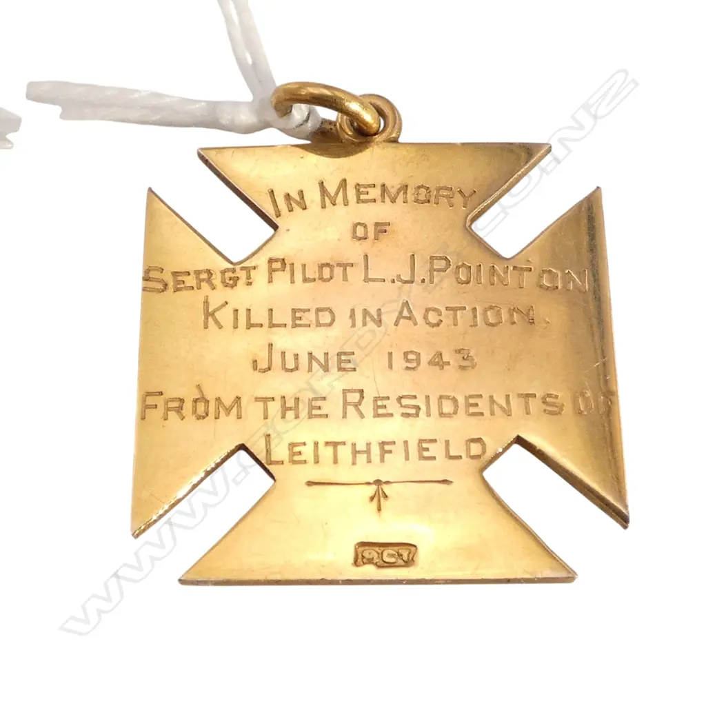 9CT MEDAL 'IN MEMORY OF SERGT. PILOT L J POINTON KILLED IN ACTION JUNE 1943...' 30x28mm 10gms Image 1++