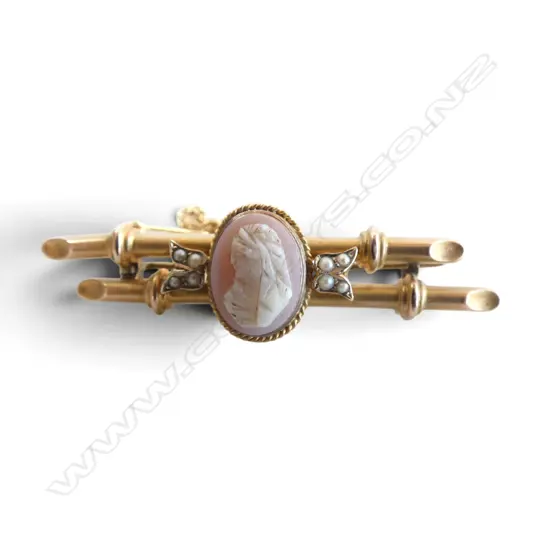 9ct GOLD & SEED PEARL CAMEO BROOCH, ENGLISH HALLMARKS, BIRMINGHAM 1908, 3.7gms