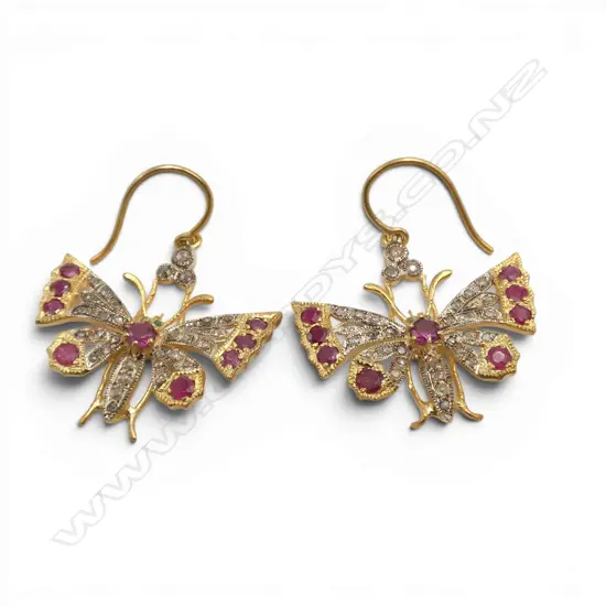 PAIR SILVER GILT ROSE CUT DIAMONDS/RUBY/EMERALD BUTTERFLY EARRINGS