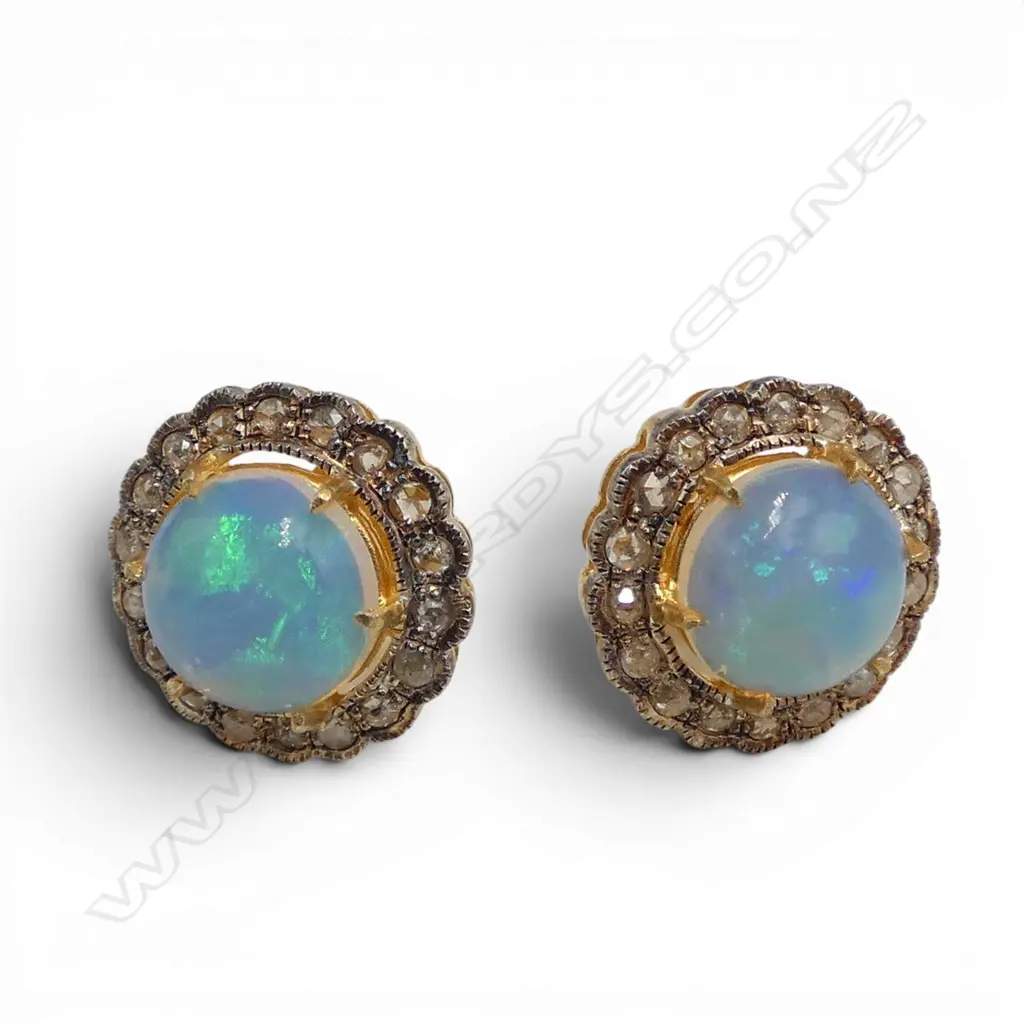 PAIR SILVER GILT OPAL AND ROSE CUT DIAMONDS CLUSTER EARRINGS Image 1++