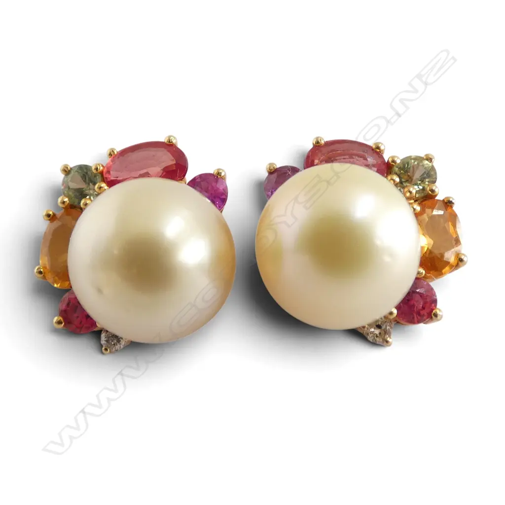 PR 14ct PEARL STUDS w CLUSTER of DIAMONDS & ASSORTED COLOURED SAPPHIRES Image 1++