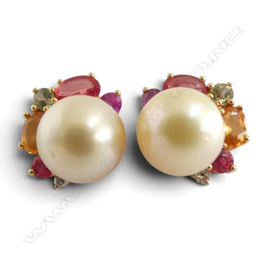 PR 14ct PEARL STUDS w CLUSTER of DIAMONDS & ASSORTED COLOURED SAPPHIRES