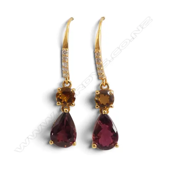 PR 14ct DIAMOND, GARNET & CITRINE EARRINGS, 2.86gm