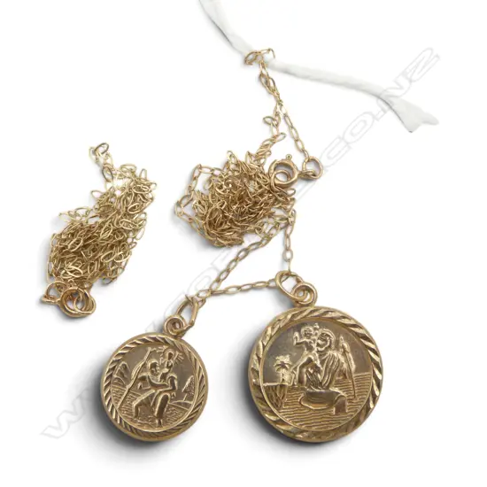 9ct FINE GOLD CHAIN w 2 ST CHRISTOPHER MEDLLIONS, L.400mm + 9ct SCRAP CHAIN, 1.33gm