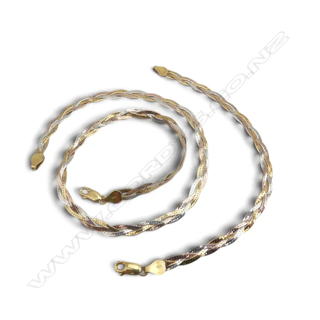 S/SILVER ITALIAN NECKLACE & BRACELET WITH PLAITED TRICOLOUR SILVER CHAINS 13.7GMS Image 1++