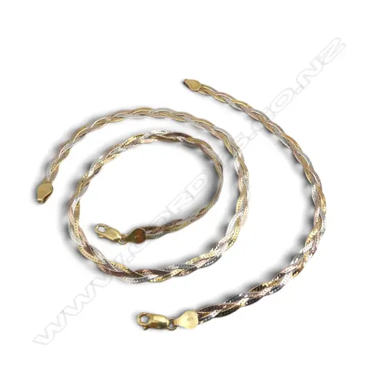 S/SILVER ITALIAN NECKLACE & BRACELET WITH PLAITED TRICOLOUR SILVER CHAINS 13.7GMS