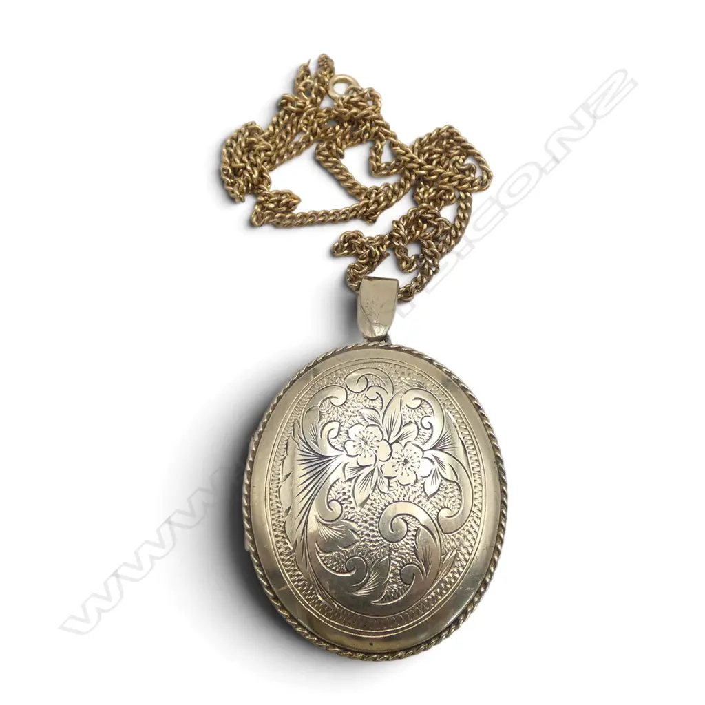LGE ENGRAVED STG SILVER GILT LOCKET L.500mm on GOLD PLATED CHAIN Image 1++