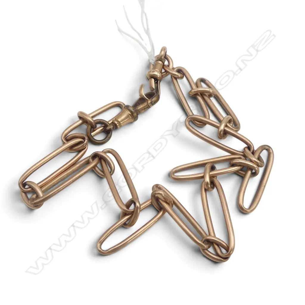9ct ROSE GOLD c.1900 RAIL LINK NECK CHAIN. 1 CLIP 9ct by 'Slaney' NZ maker the other plated. 28gms gold. Image 1++