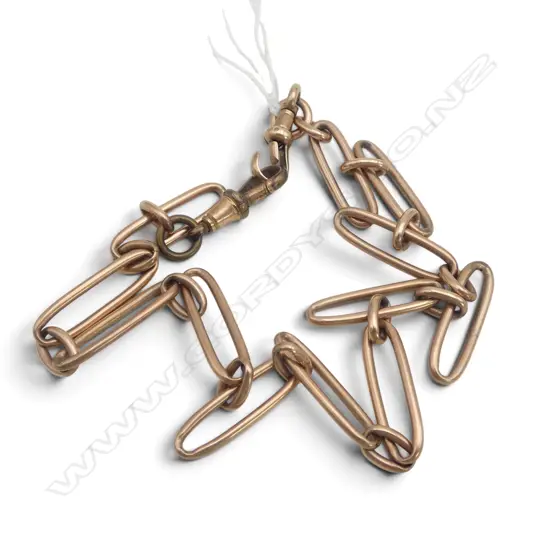 9ct ROSE GOLD c.1900 RAIL LINK NECK CHAIN. 1 CLIP 9ct by 'Slaney' NZ maker the other plated. 28gms gold.