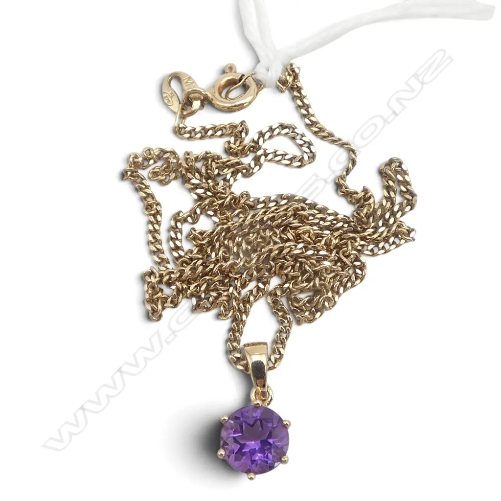 9CT GOLD NZ MADE CHAIN & AMETHYST PENDANT 510MM LONG 3.2GMS TOTAL WIEGHT Image 1++