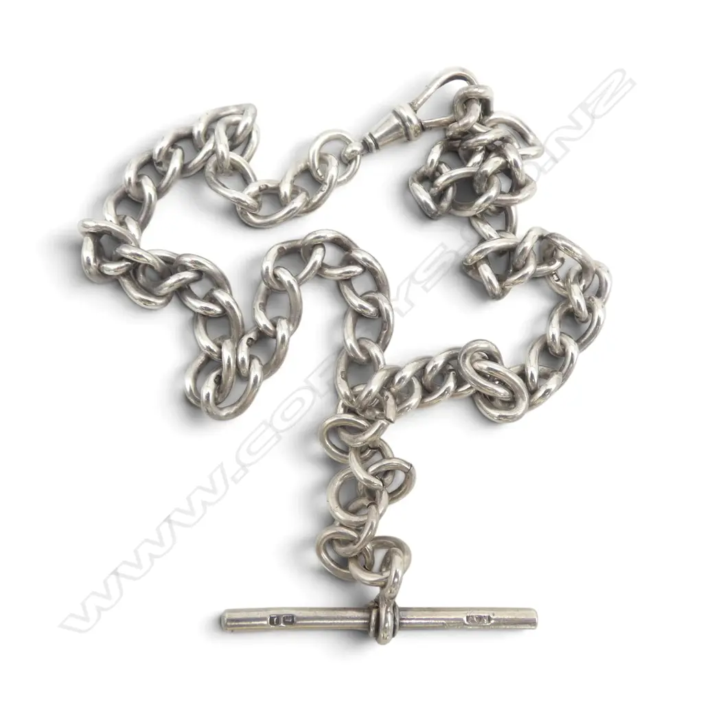 S/SILVER FOB CHAIN WITH T BAR MAKER HENRY POPE BIRMINHAM 1910  330MM LONG 35.3 GMS Image 1++