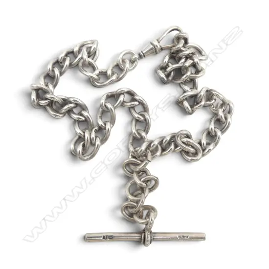 S/SILVER FOB CHAIN WITH T BAR MAKER HENRY POPE BIRMINHAM 1910  330MM LONG 35.3 GMS