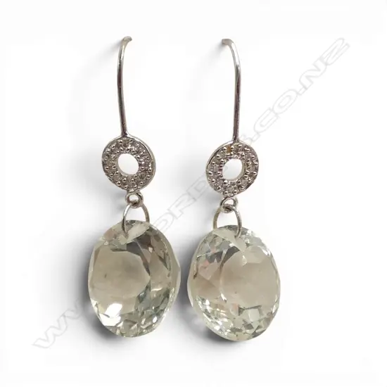 PAIR 10CT GOLD GREEN AMETHYST AND DIAMOND EARRINGS 3.25gms