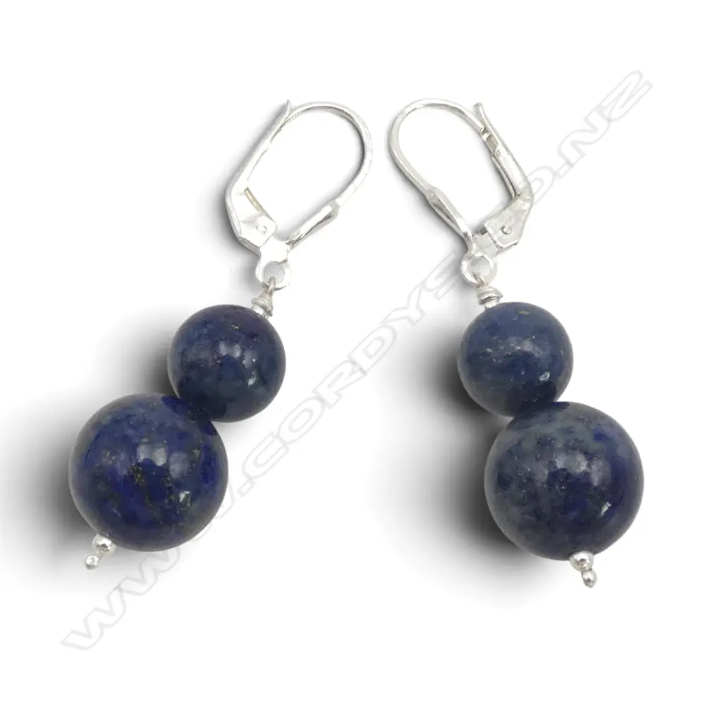 PR SILVER LAPIS BEAD EARRINGS, continental locks Image 1++