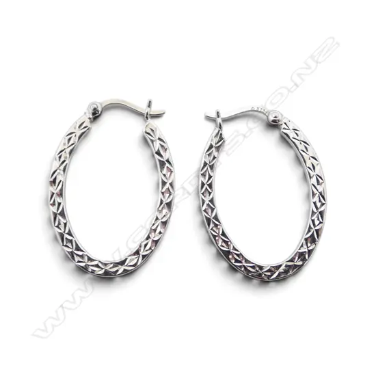 9ct WHITE GOLD HOOP EARRINGS pattern on one side 1.4 gms
