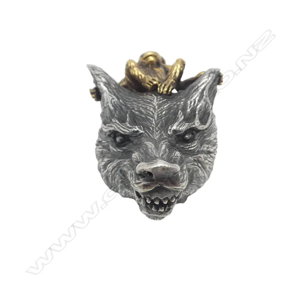 SILVER (testing 94%) LGE WOLF HEAD w small seated GILT (mainly copper) MONKEY PENDANT L.43mm. 28gms Image 1++