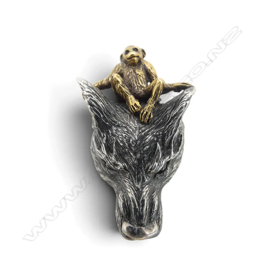 SILVER (testing 94%) LGE WOLF HEAD w small seated GILT (mainly copper) MONKEY PENDANT L.43mm. 28gms Image 1++