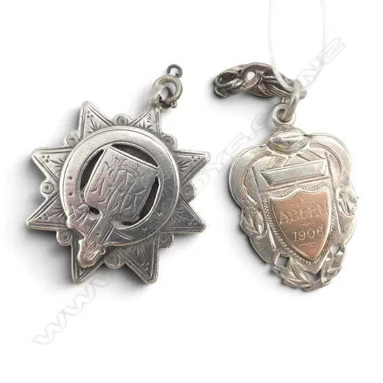 2 NZ EDWARDIAN S/SILVER SPORT FOB MEDALS RUGBY 1906 & SWIMMING 1908 25.3GMS TOTAL WIEGHT