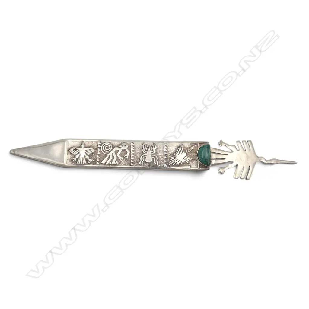 VINTAGE AZTEC STYLE 925 SILVER LETTER OPENER turquoise panel L.128mm Image 1++