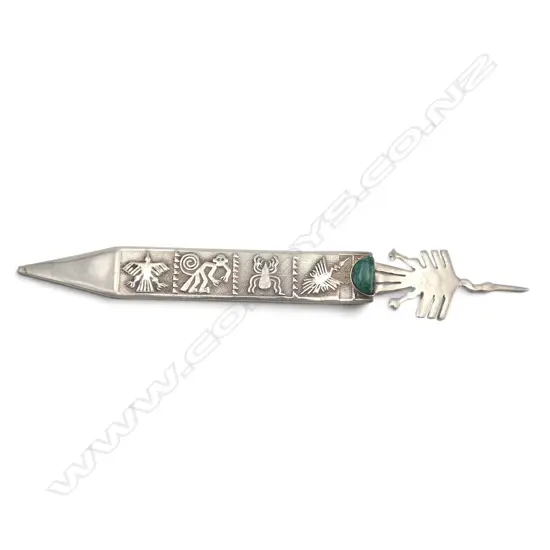 VINTAGE AZTEC STYLE 925 SILVER LETTER OPENER turquoise panel L.128mm