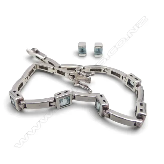 SILVER SKY BLUE TOPAZ BRACELET & PR MATCHING EARRINGS, L.180mm