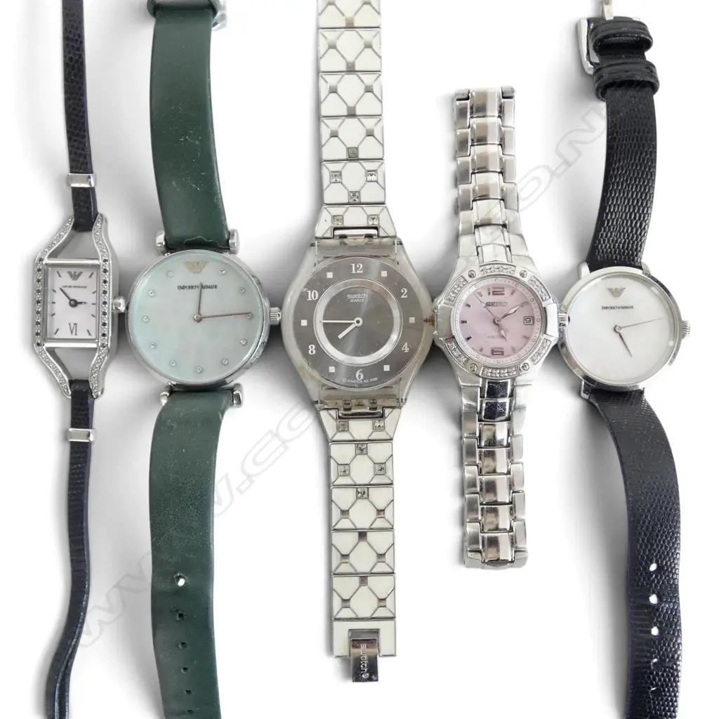 5 LADIES WRIST WATCHES; 3 EMPORIO ARMANI, SWATCH, SEIKO WITH DIAMONDS Image 1++