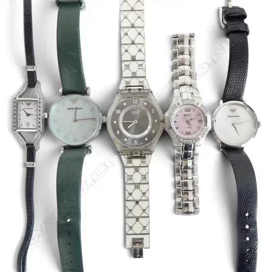 5 LADIES WRIST WATCHES; 3 EMPORIO ARMANI, SWATCH, SEIKO WITH DIAMONDS