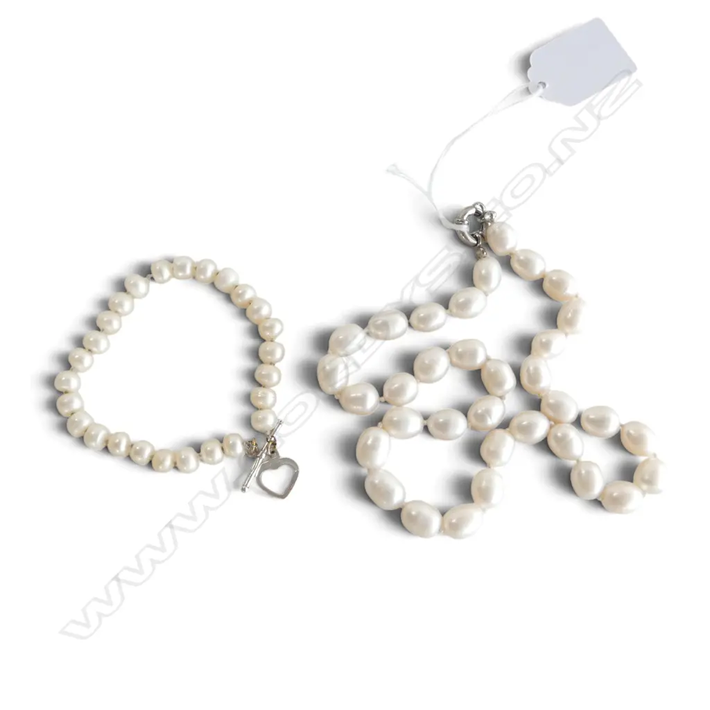 STG SILVER FRESHWATER PEARL BRACELET & FRESHWATER PEARL NECKLACE, L.480MM L.215MM Image 1++
