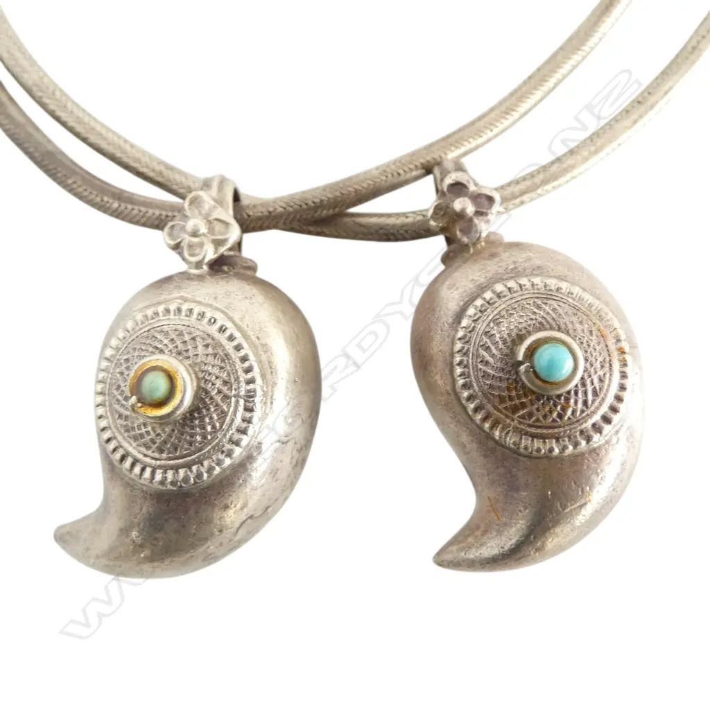 2 VINTAGE SILVER INDIAN SNAKE CHAINS w MANGO MOTIF PENDANTS, 113gm Image 1++