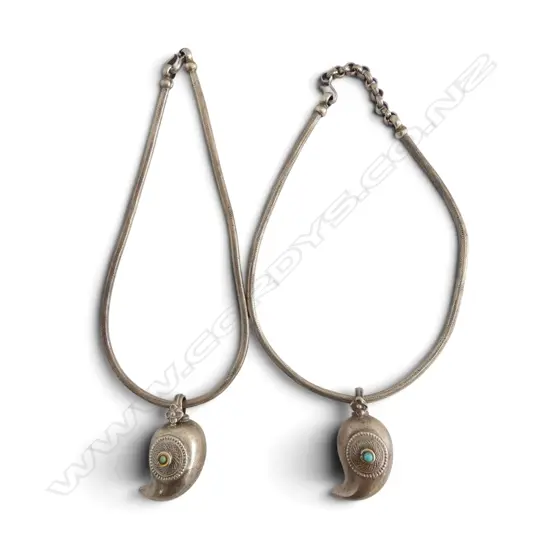 2 VINTAGE SILVER INDIAN SNAKE CHAINS w MANGO MOTIF PENDANTS, 113gm
