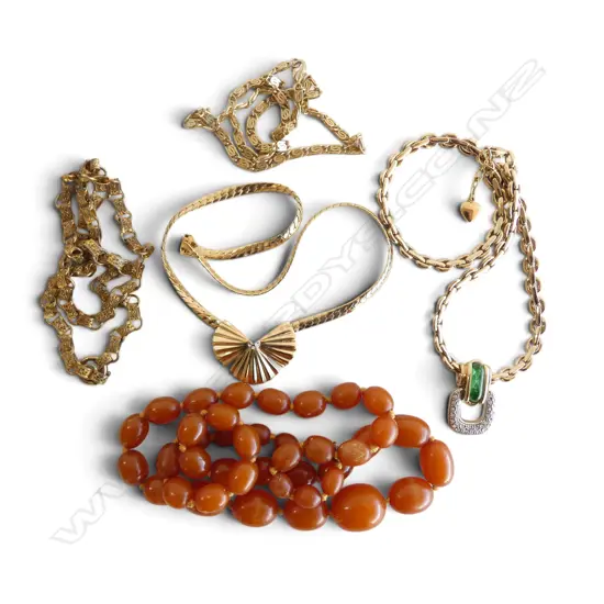 5 COSTUME NECKLACES, 1 AMBER COLOURED