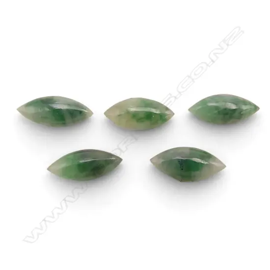 5 OLD JADEITE LOZENGE FORM CABOCHONS translucent w strong green tone L.11mm