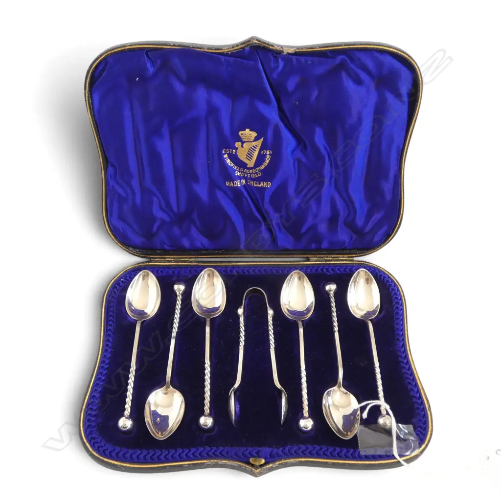 CASED SG SILVER 6 PCE TEASPON & TONG SET, SHEFFIELD 1908, 80gms Image 1++