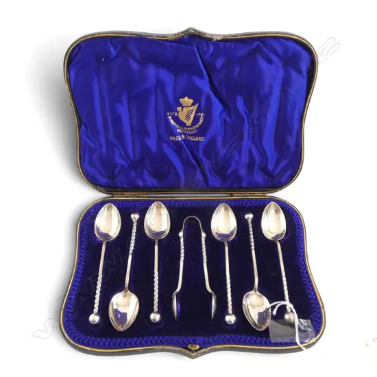 CASED SG SILVER 6 PCE TEASPON & TONG SET, SHEFFIELD 1908, 80gms